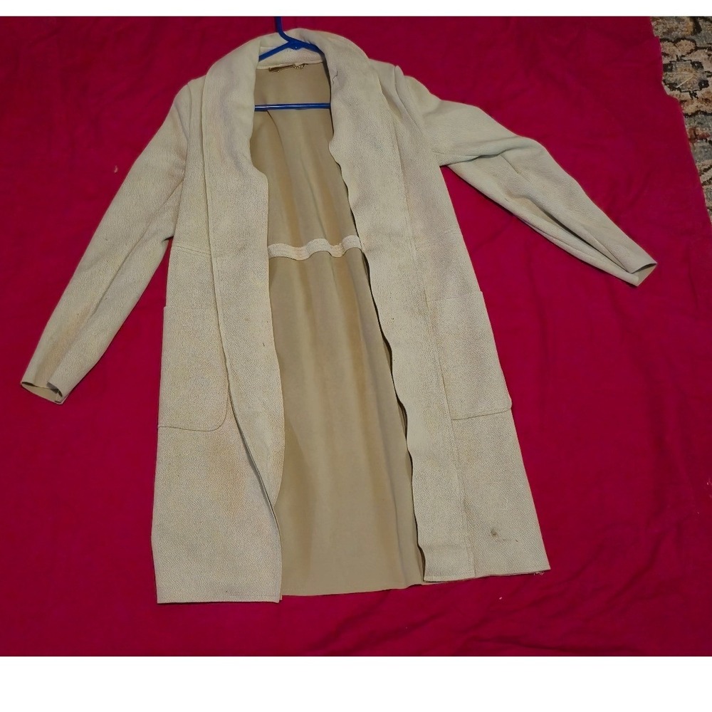 T Tahari Womens Faux Leather Duster Coat Cream Beige Open Front Jacket Small